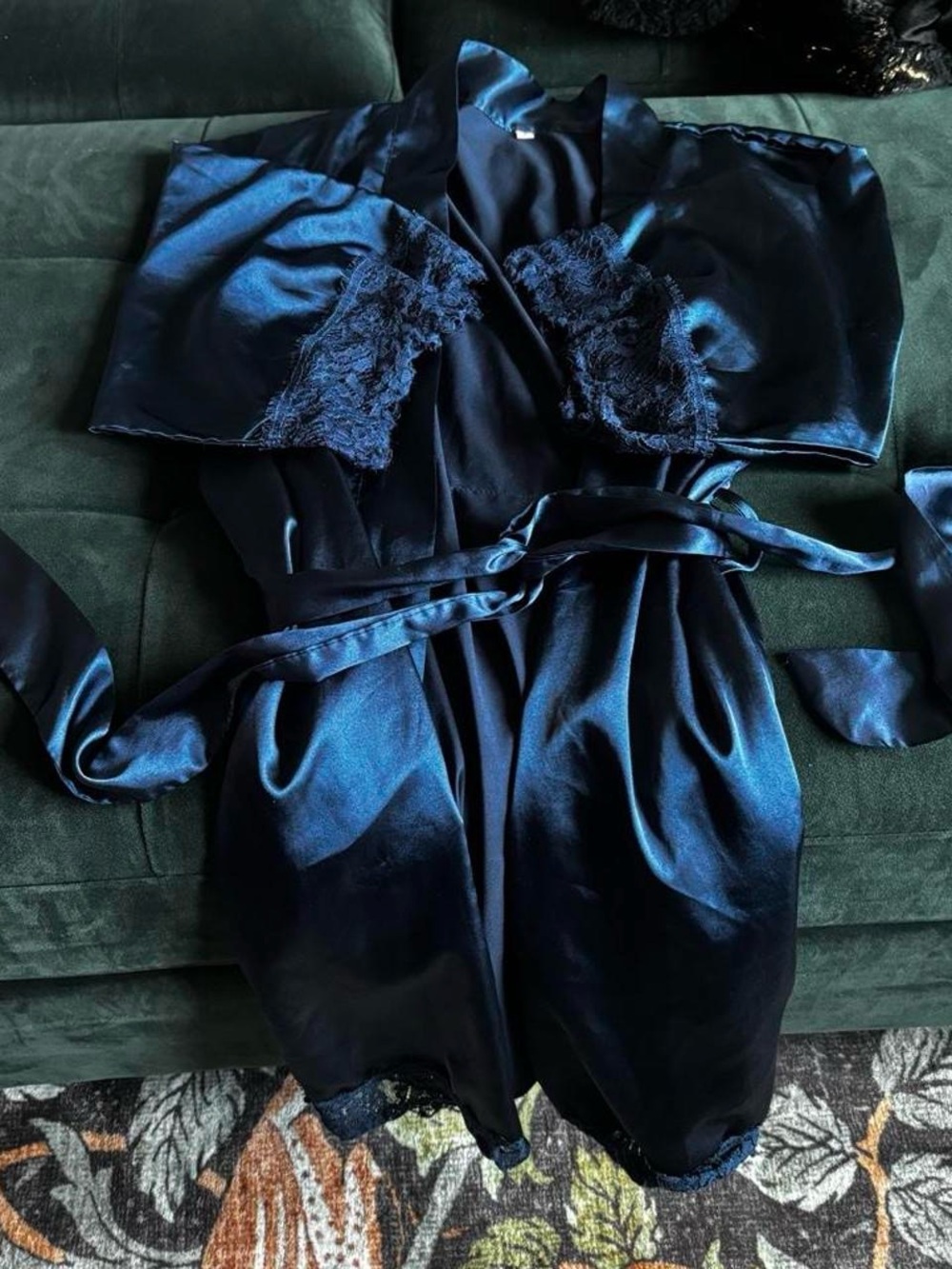 Silky Navy Lace-Trim Kimono Robe with Belt